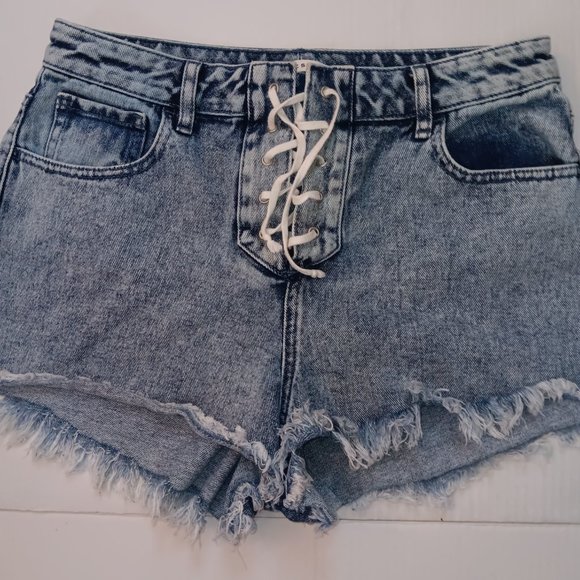 PACSUN HIGH RISE FESTIVAL LACE UP JEAN SHORTY SHORTS - Picture 2 of 12